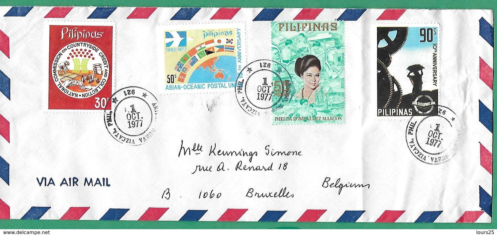 ! - Philippines (Pilipinas) - Enveloppe Avec 4 Timbres - Envoi Vers Bruxelles - Cachet De 1977 - Philippines