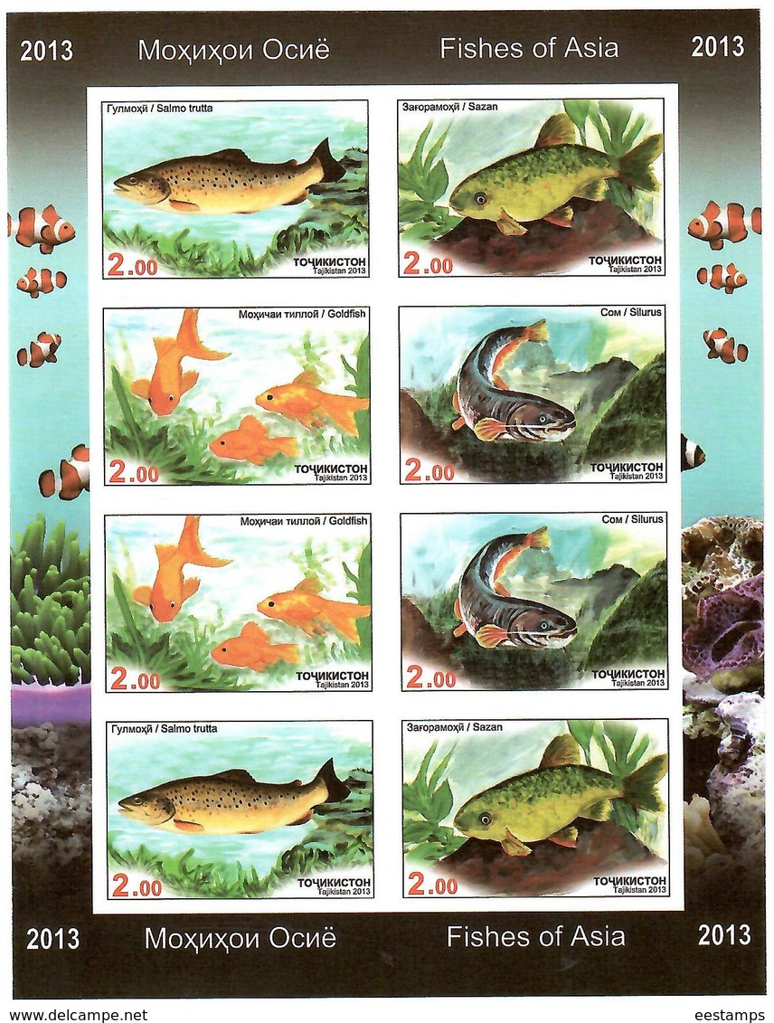 Tajikistan.2013 Fishes Of Asia.Imperf  Sheetlet Of 8 (2 Sets). Michel # 647-50b  KB - Tadjikistan