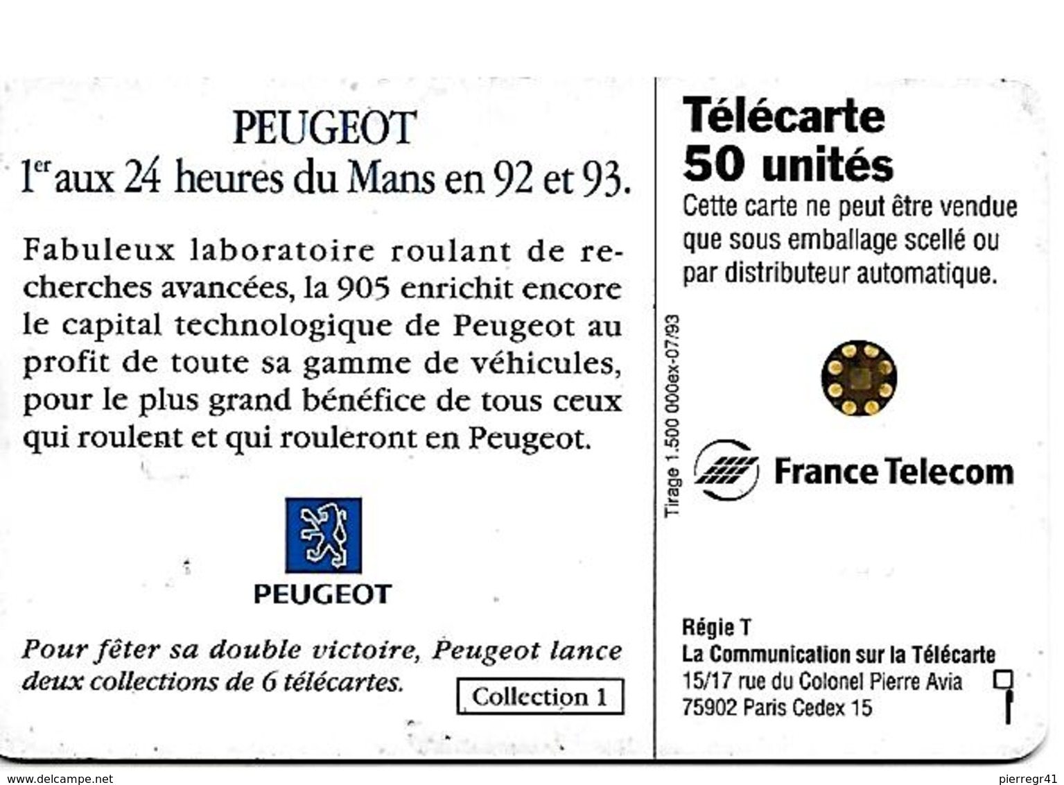 CARTE-a-PUBLIC-50U-F399.529-SC5-07/93-5Ge 46640-0 Envers-PEUGEOT 905-1-VOITURE-UTILISE-TBE - 1993