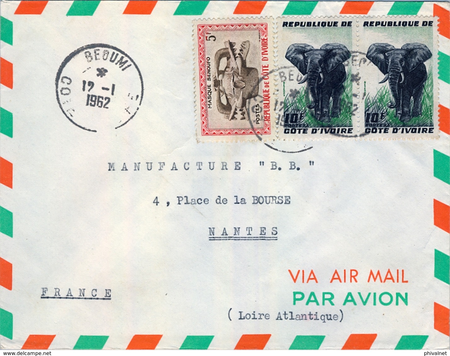 1962 , COSTA DE MARFIL , BEOUMI - NANTES , SOBRE CIRCULADO - Costa De Marfil (1960-...)