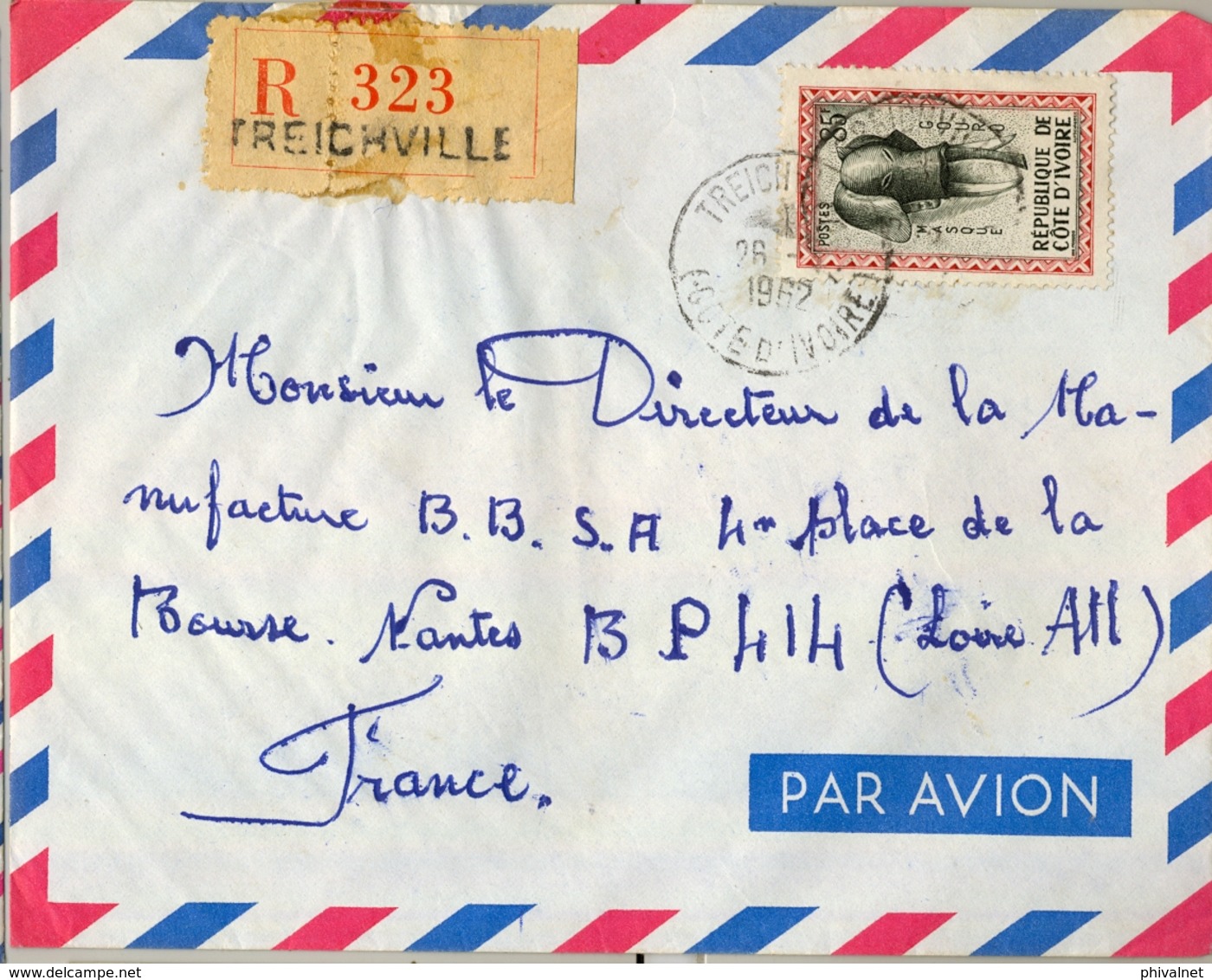 1962 , COSTA DE MARFIL , TREICHVILLE - NANTES , SOBRE CERTIFICADO , TRÁNSITO ABIDJAN , LLEGADA - Costa De Marfil (1960-...)