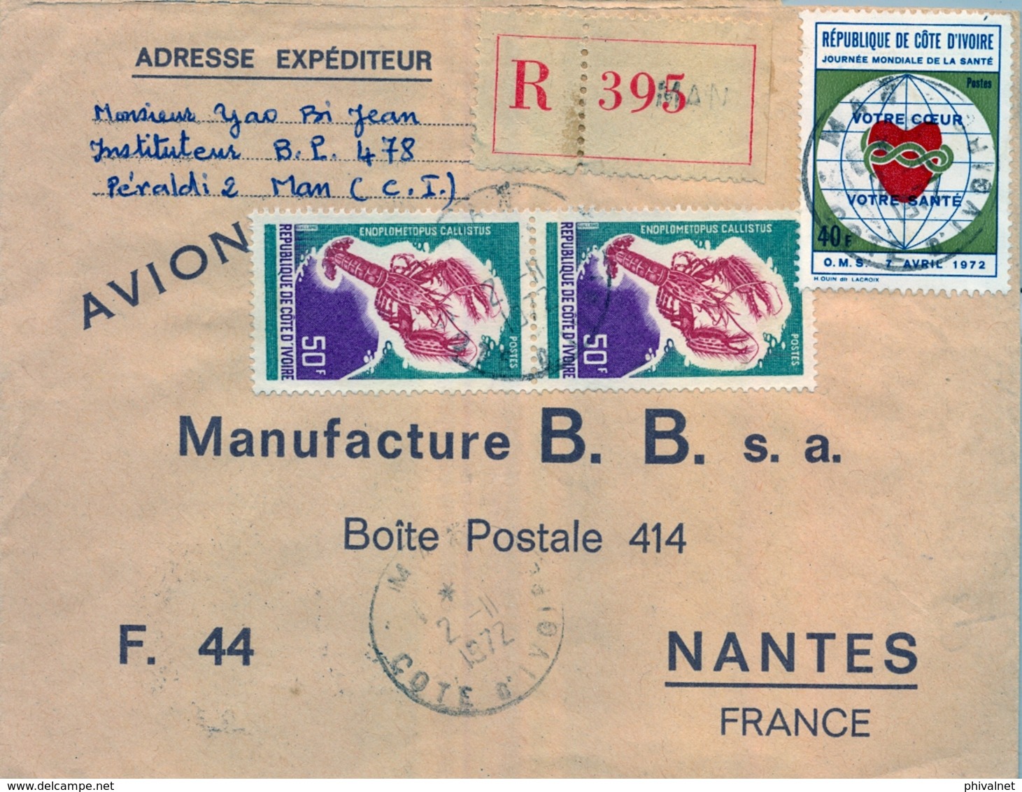 1972 , COSTA DE MARFIL , MAN - NANTES , SOBRE CERTIFICADO , TRÁNSITO DE ABIDJAN Y LLEGADA - Costa De Marfil (1960-...)