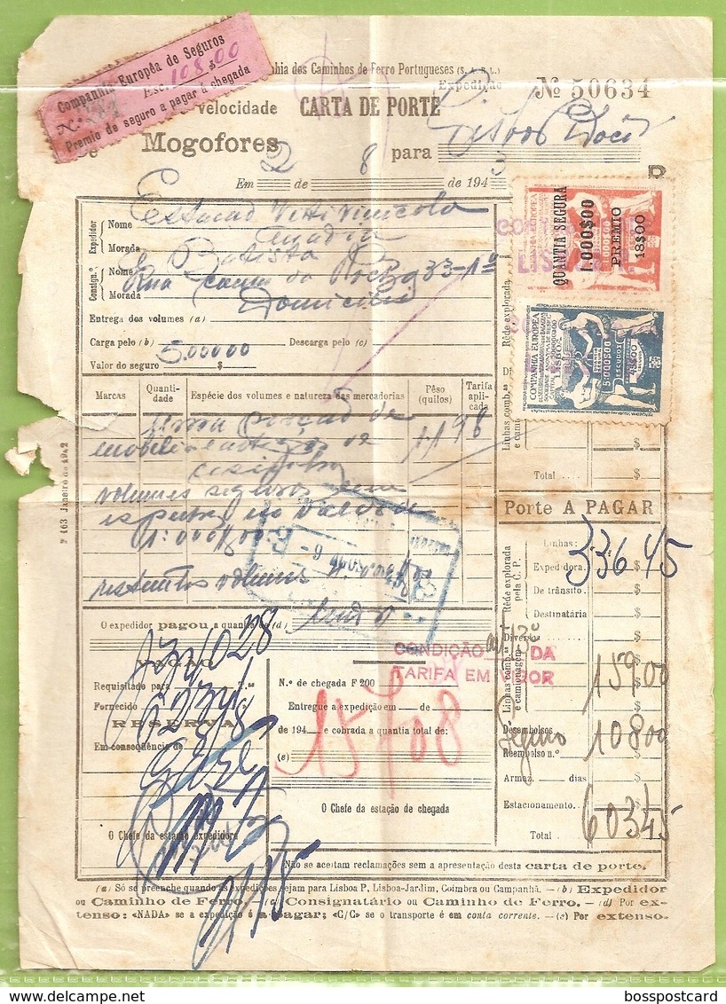 Anadia - Lisboa - Carta De Porte, 1943 - Caminho De Ferro - Seguros - Vinheta - Aveiro - Portugal - Portugal