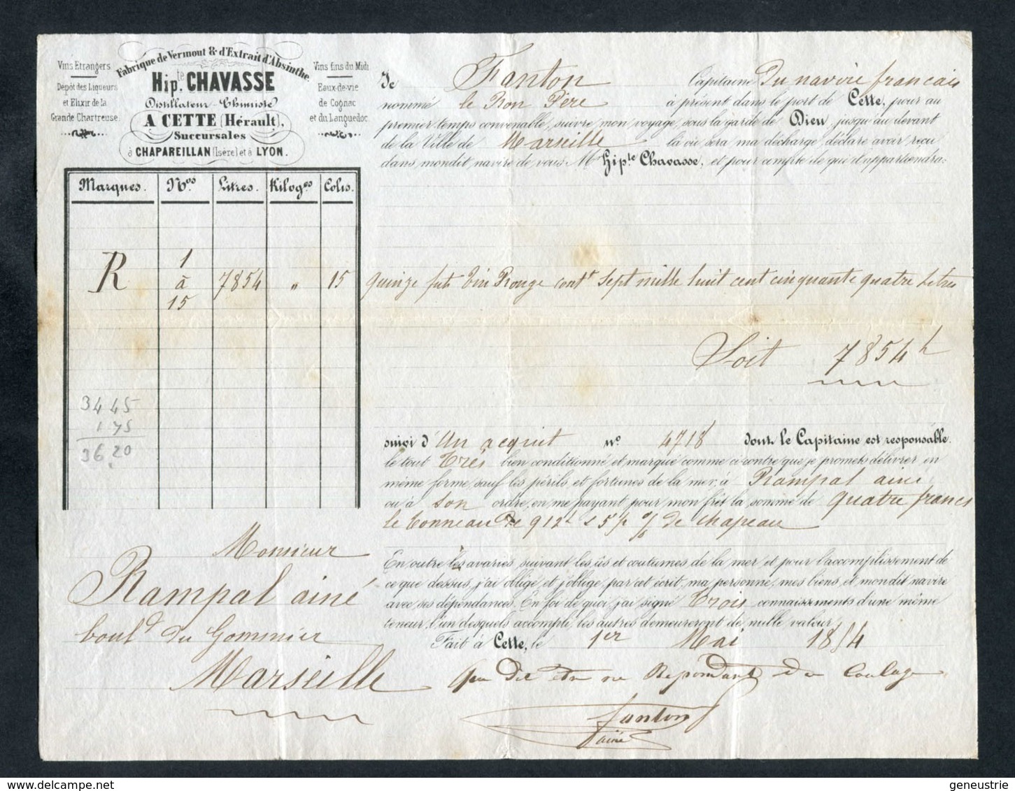 Connaissement - Lettre De Voiture Ou De Roulage 1854 - Port De Cette (Sète - Hérault) -> Marseille - Bill Of Lading - 1800 – 1899