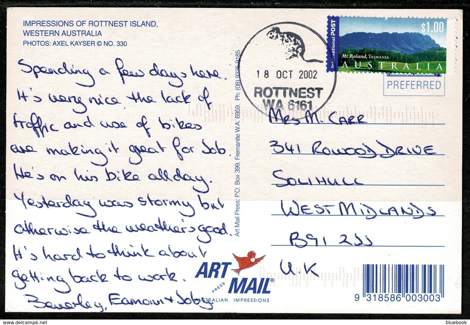 Ref 1255 - 2002 Postcard - Rottnest Island Western Australia $1 Airmail Rate To Solihull GB - Other & Unclassified