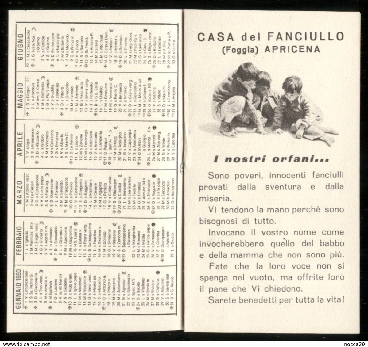 CALENDARIETTO DELLA CASA DEL FANCIULLO DI APRICENA (FOGGIA)  ANNO 1960 ( K451 ) - Petit Format : 1941-60