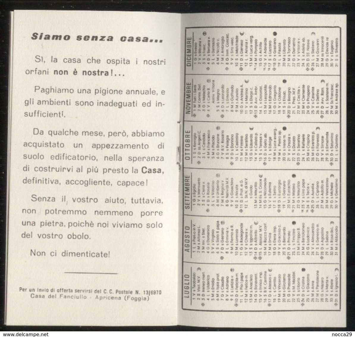 CALENDARIETTO DELLA CASA DEL FANCIULLO DI APRICENA (FOGGIA)  ANNO 1960 ( K451 ) - Petit Format : 1941-60