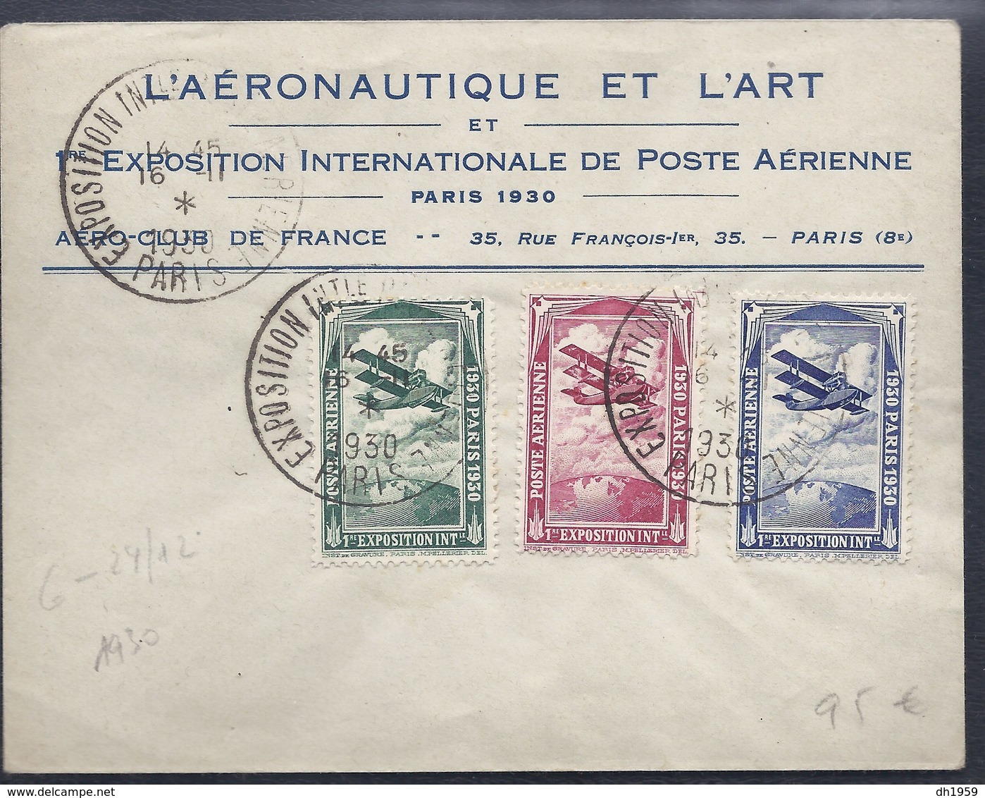 VIGNETTE 3 VIGNETTES 1930 1ere EXPOSITION POSTE AERIENNE L'AERONAUTIQUE ET L'ART SUR LETTRE LABLE - 1960-.... Lettres & Documents