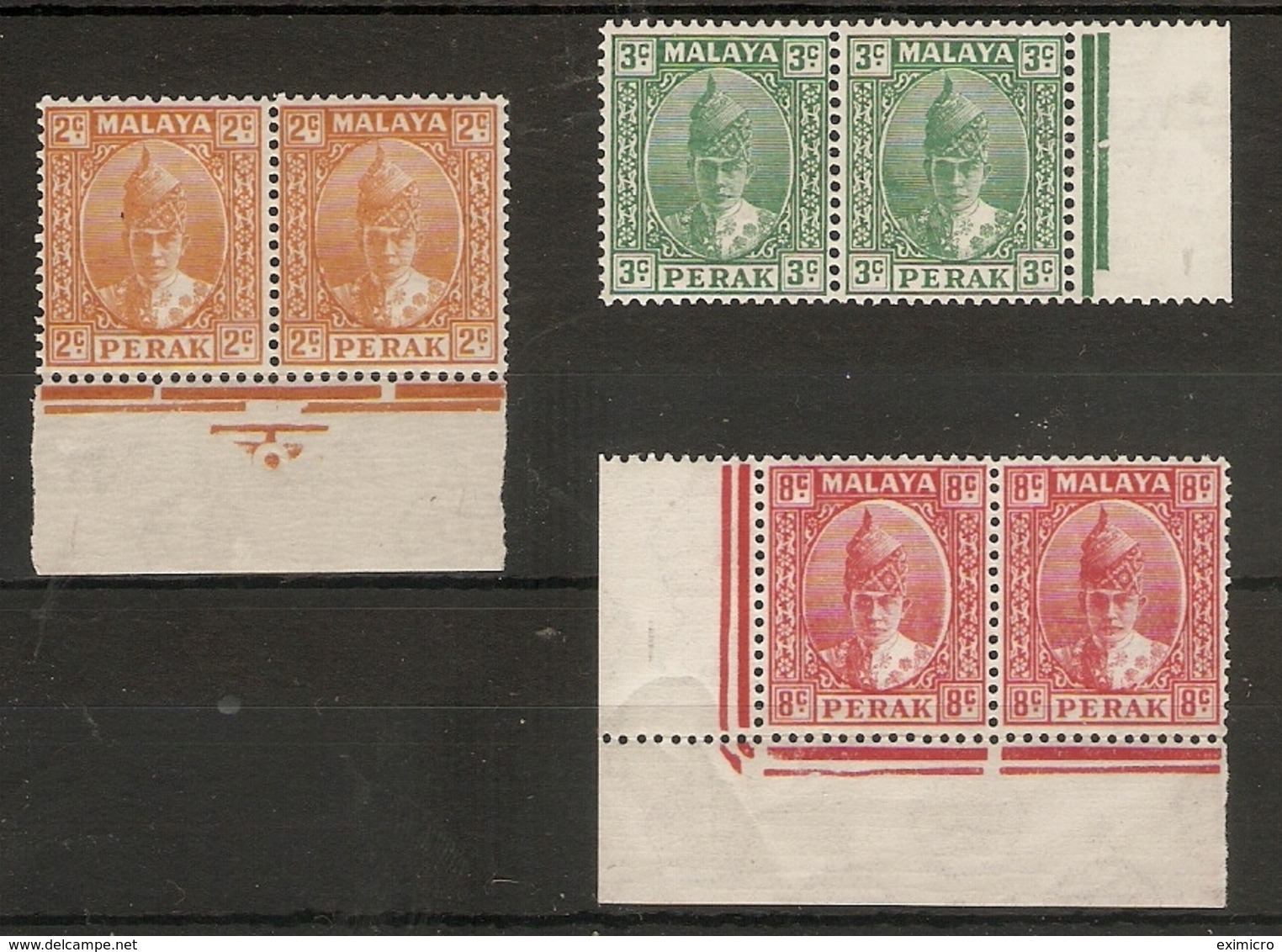 MALAYA PERAK 1938 - 1941 UNMOUNTED MINT/LIGHTLY MOUNTED MINT MARGINAL PAIRS SG 105, 106a, 111 Cat £14+ - Perak