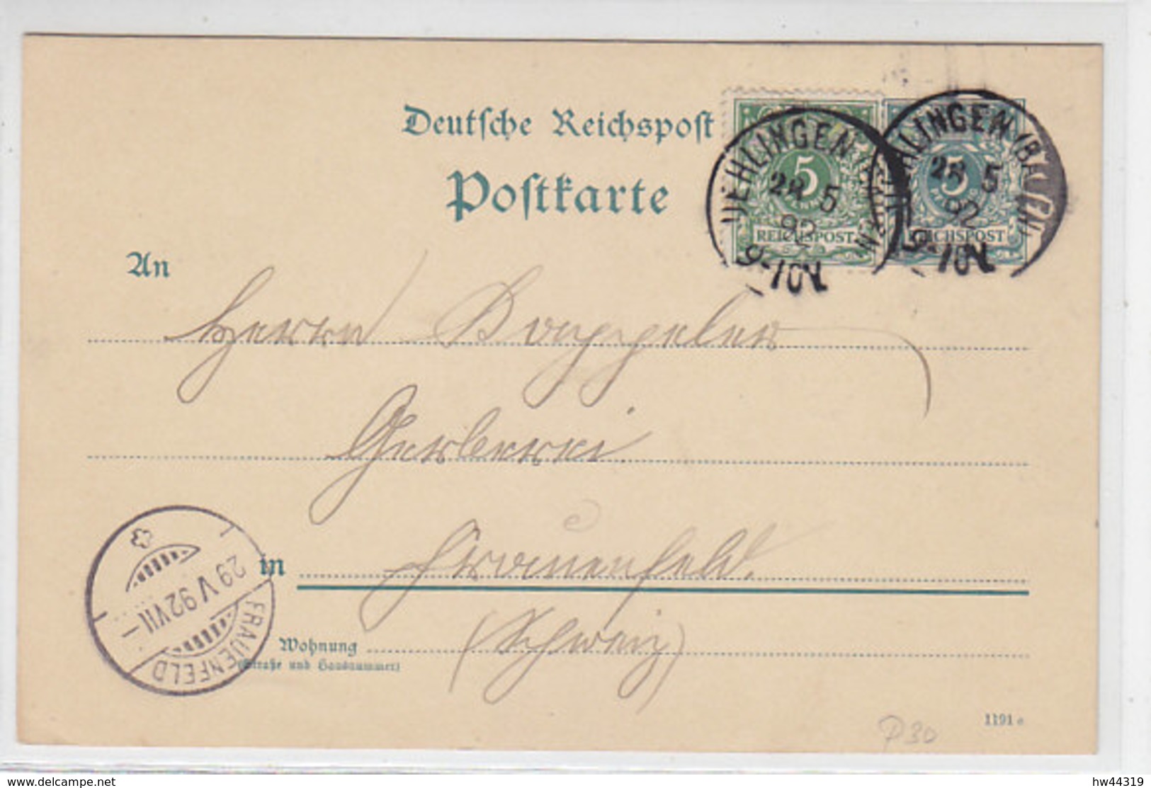 2 X P 30 Mit Zusatzfrankatur Aus DEHLINGEN (Baden) Nach Frauenfeld / Schweiz - Lettres & Documents