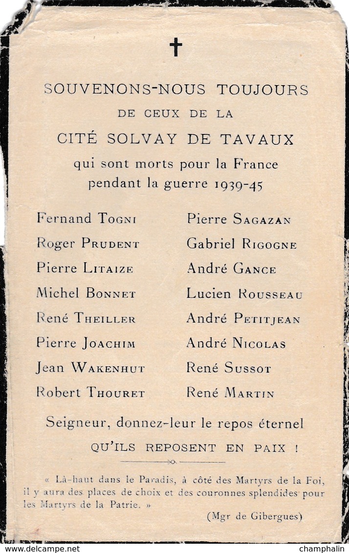 Faire-part De Décès - Mémento - Soldats De La Cité Solvay De Tavaux (39) Morts Pour La France à La Guerre 1939-45 WWII - Obituary Notices