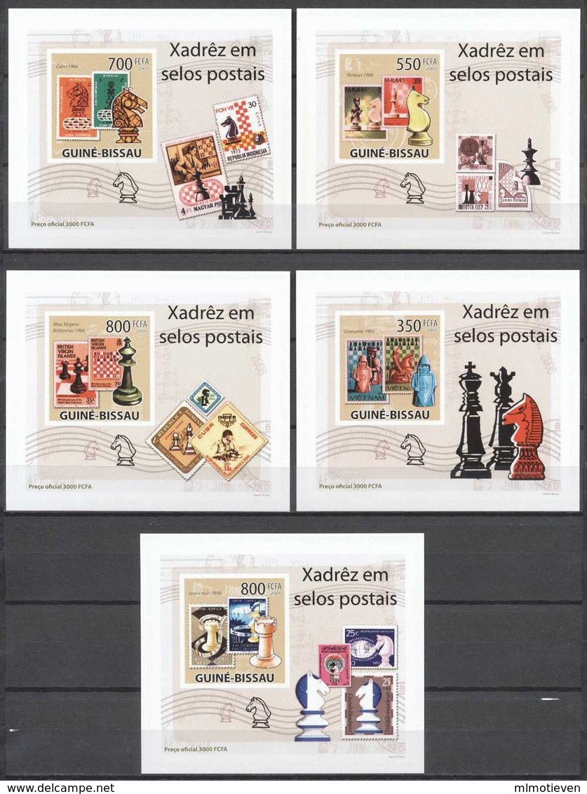 MCH-BK1-004 LUX MINT PF/MNH ¤ GUINEE BISSAU 2009 5xBLOCK IMPERFORATED (RARE) ¤ STAMP ON STAMP SCHAKEN - CHESS - XADRES - Chess