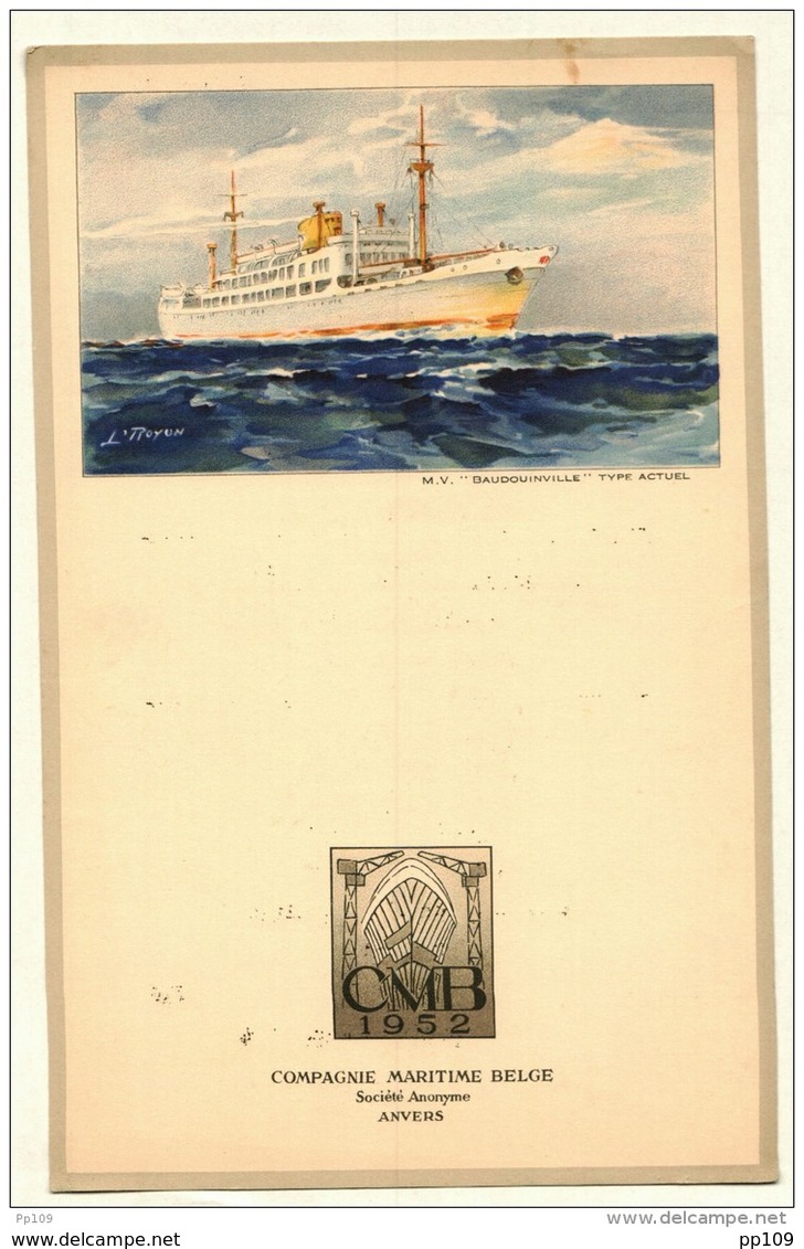 Menu  Dessin ROYON Compagnie Belge Maritime Du Congo CMB  BAUDOUINVILLE CHARLESVILLE - Voyage Commandant HANNON 1954 - Menus