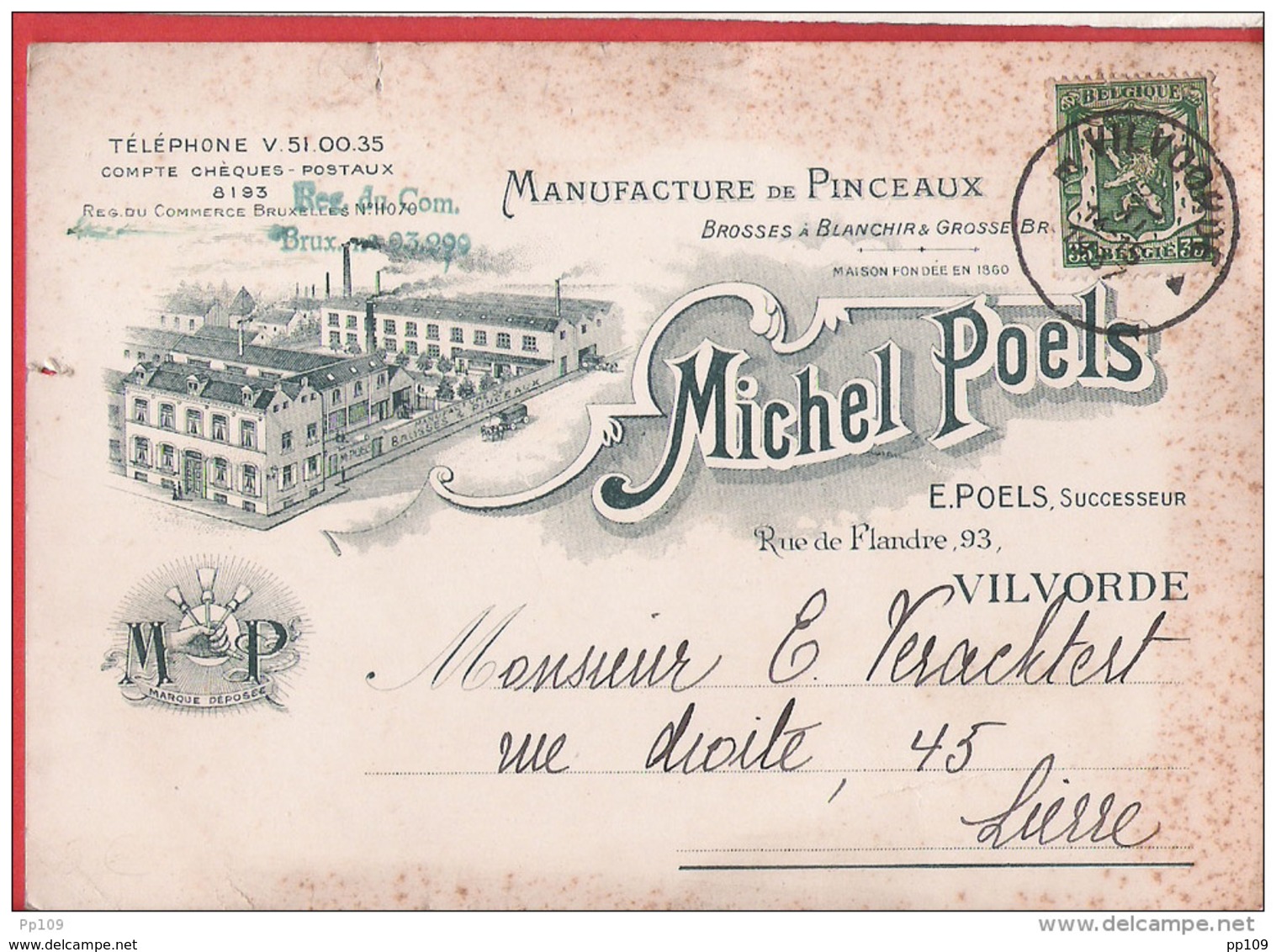 CP  Commerciale  VILVORDE VILVOORDE  MICHEL POELS Rue De Flandre 93 Manufacture De Pinceaux 1937 - Vilvoorde