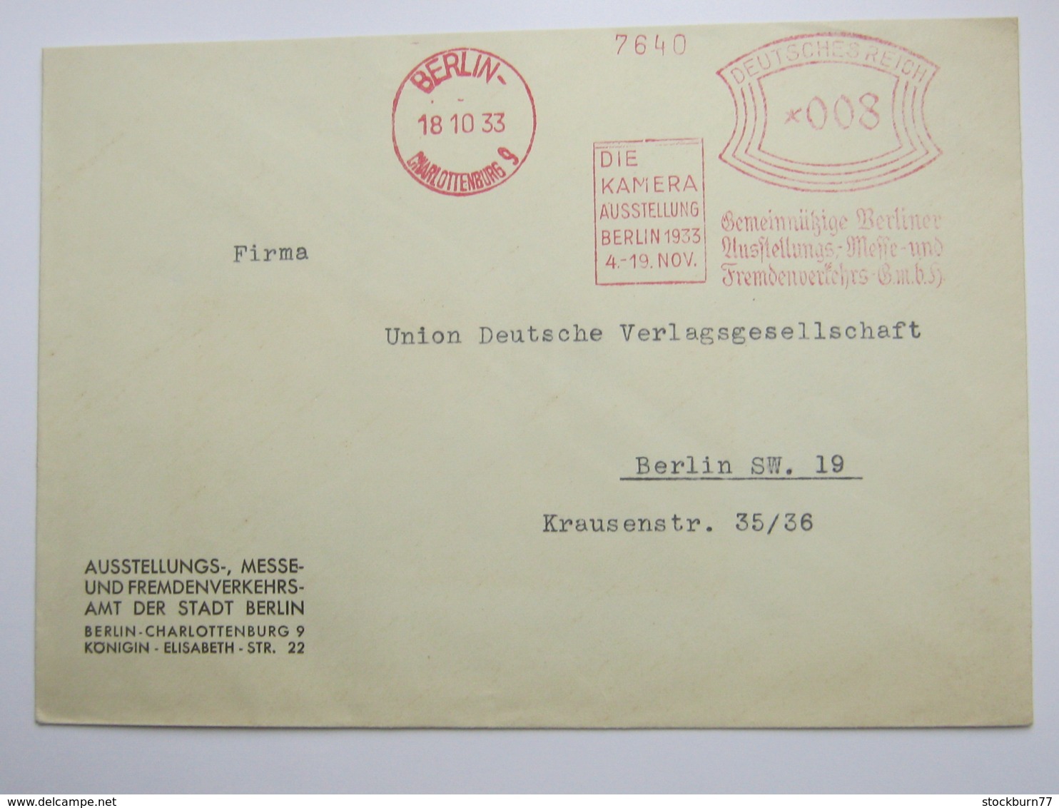 1933 , Beleg Mit Firmen Freistempel , Aus  Berlin , Ausstellung: Die Kamera - Briefe U. Dokumente