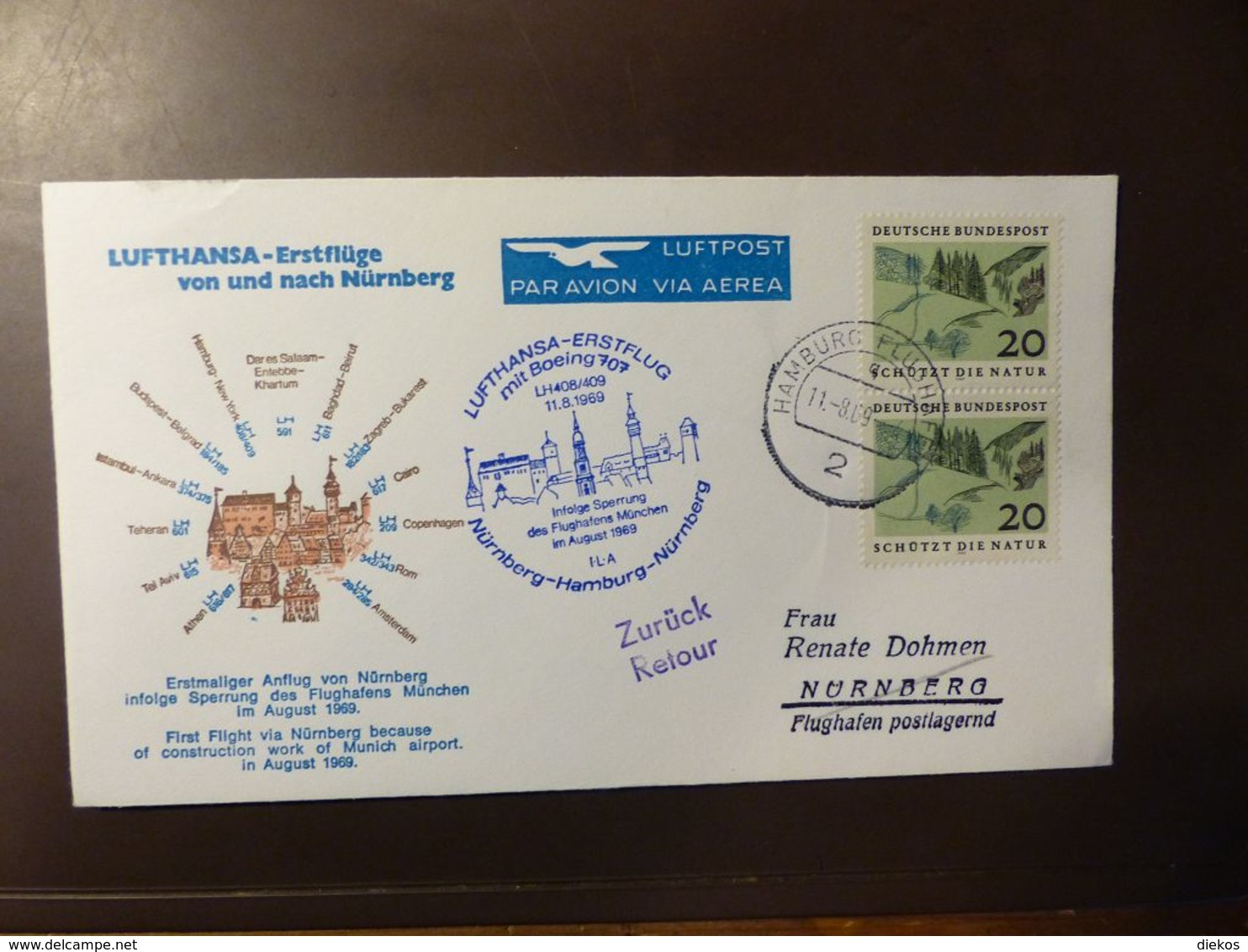 Luftpost  Lufthansa Erstflug LH Nürnberg Hamburg   1969   #cover4710 - Flugzeuge