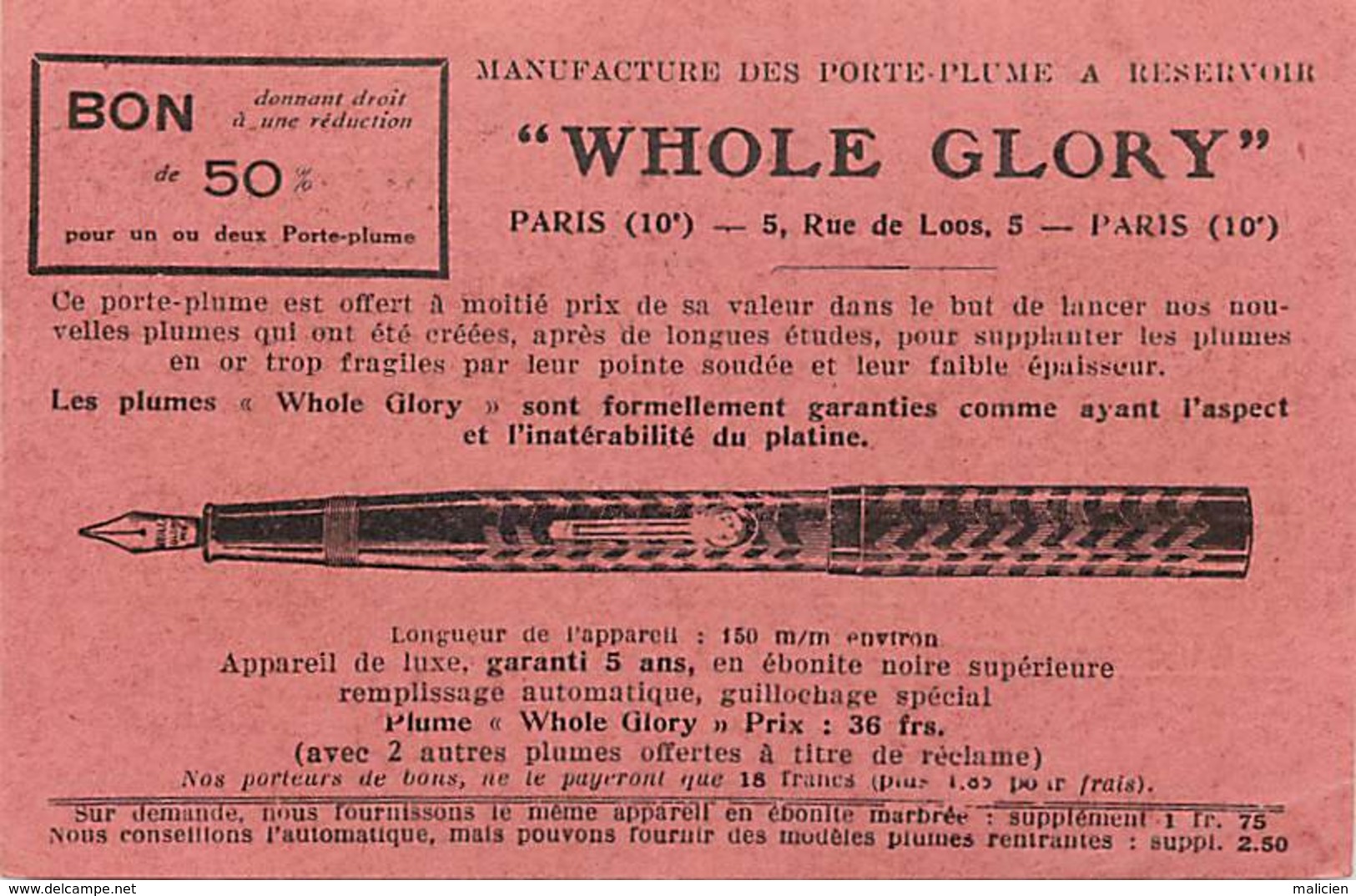 - Ref-B588- Publicité - Manufacture Porte Plumes A Reservoir Whole Glory - 5 Rue De Lyon - Paris 10e - Industrie - - Publicité