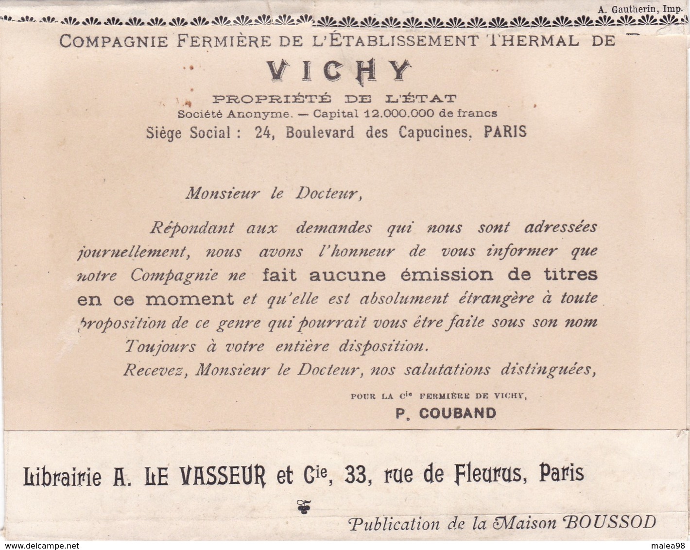 LA Cie FERMIERE DE L' ETABLISSEMENT  THERMAL DE  VICHY   INFORME QU' ELLE NE FAIT AUCUNE EMISSION DE TITRES EN CE MOMENT - Eau