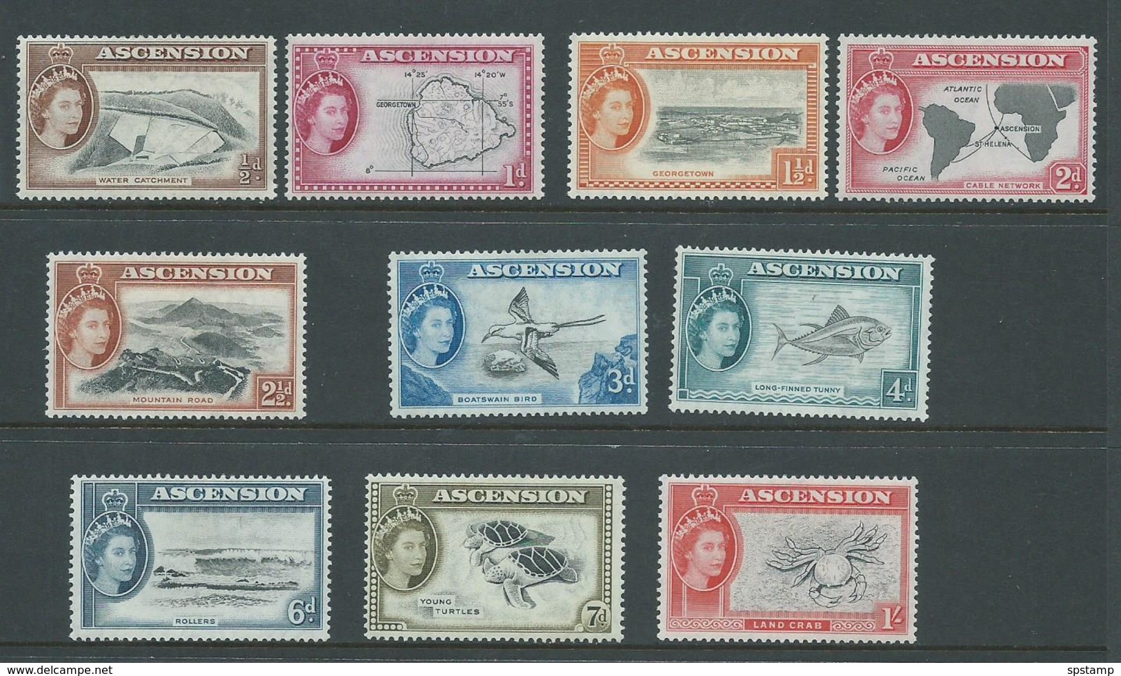 Ascension 1956 QEII Definitives Short Set Of 10 To 1 Shilling Crab MLH - Ascensione