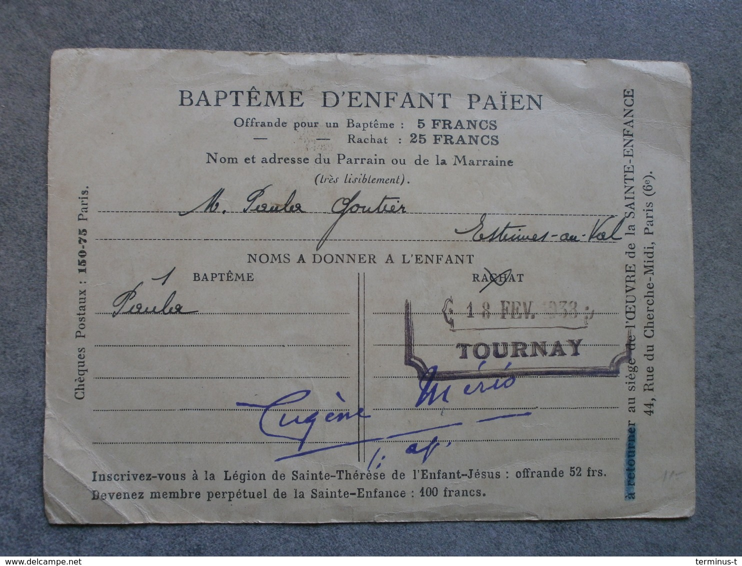 Tournay 1938. Oeuvre Pontificale De La Sainte-Enfance. - Diplômes & Bulletins Scolaires