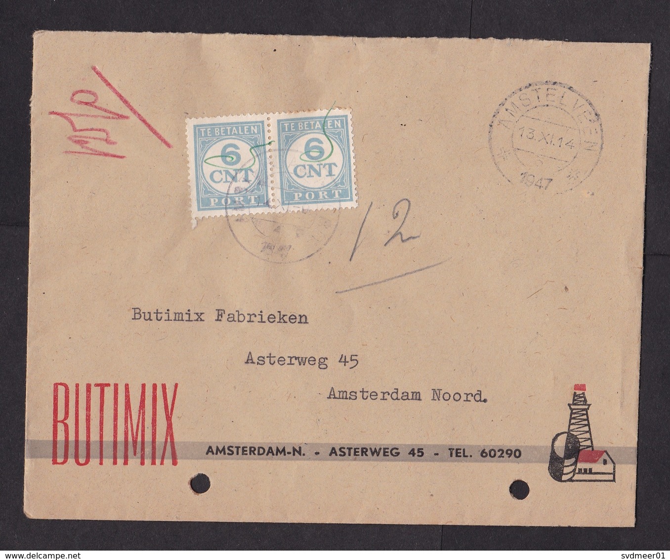 Netherlands: Cover, 1947, 2 Postage Due Stamps, Taxed, 12 Cents To Pay (damaged, See Scan) - Brieven En Documenten