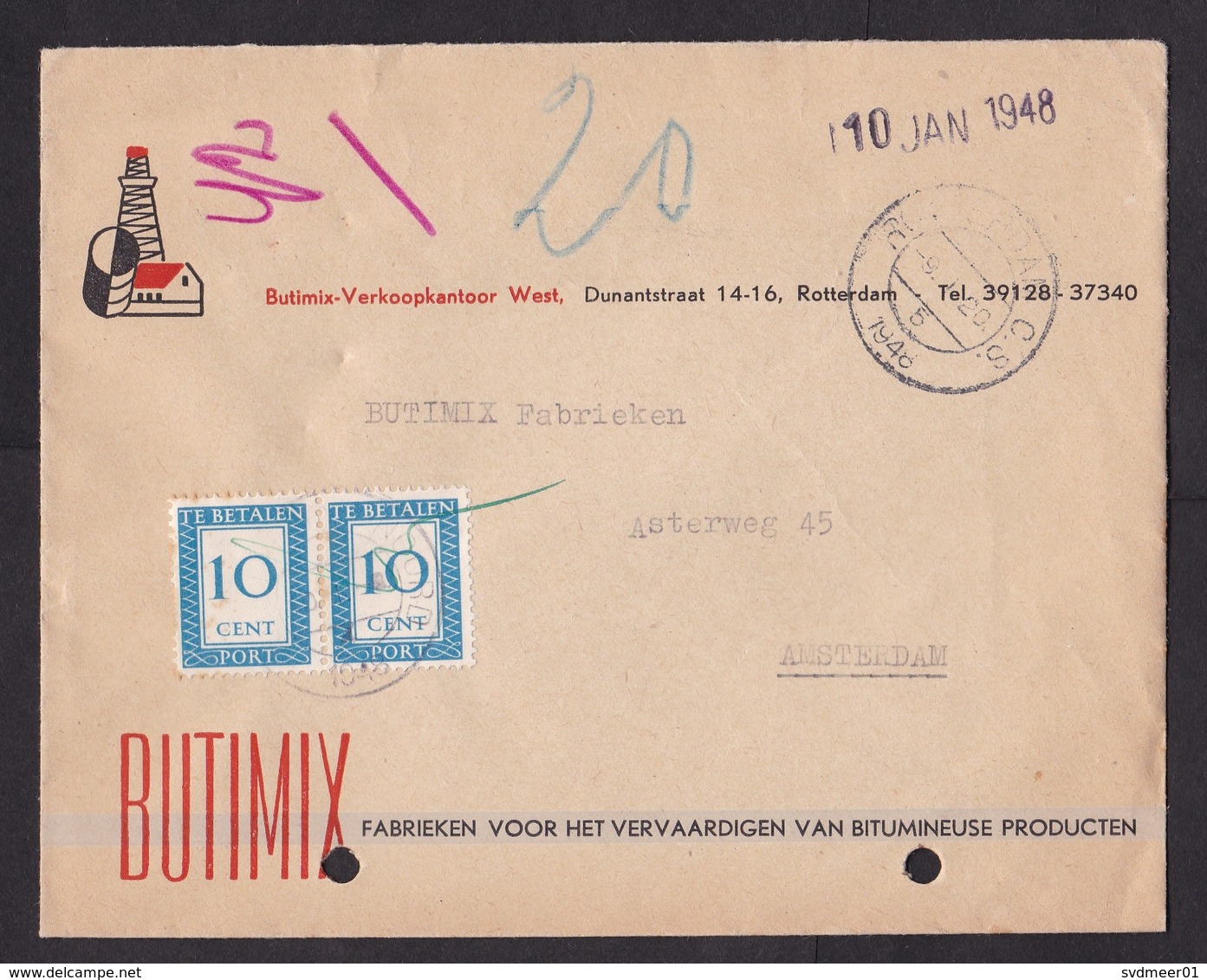 Netherlands: Cover, 1948, 2 Postage Due Stamps, Taxed, 20 Cents To Pay (damaged, See Scan) - Brieven En Documenten