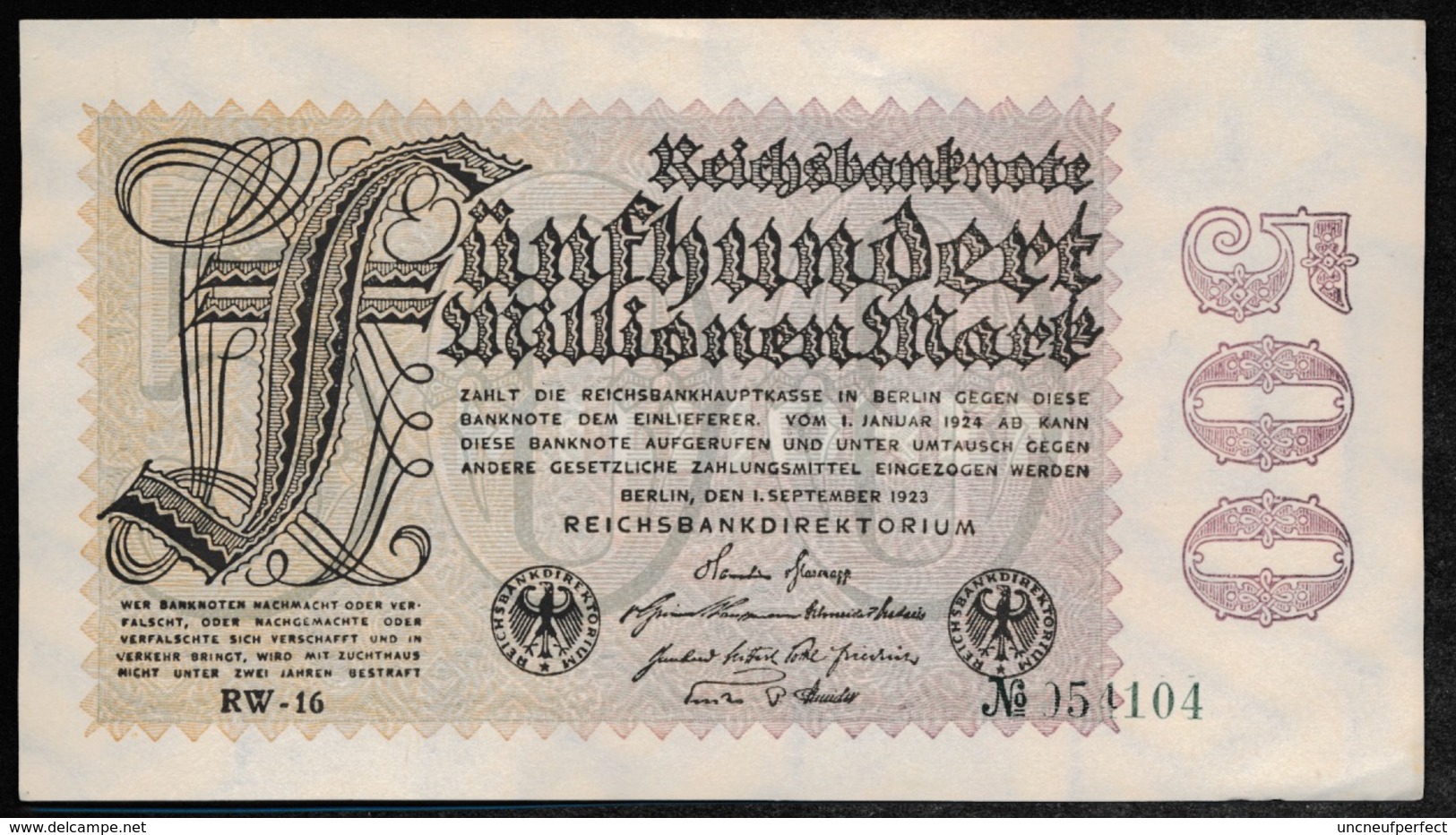 P110 Ro109d 100 Million Mark 01-09-1923. UNC NEUF!!! - 500 Miljoen Mark