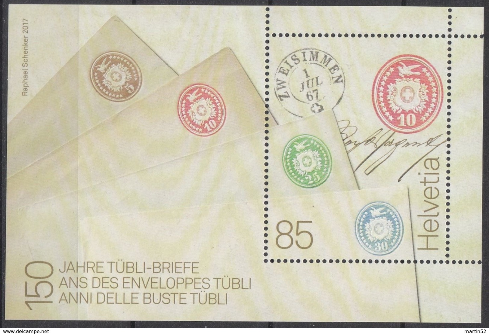 Schweiz Suisse 2017: Michel-No. Block 66 ** MNH "150 JAHRE TÜBLI-BRIEFE (COLOMBE) Mit Frühdatum-o ZWEISIMMEN 1 JUL 67 - Blocks & Kleinbögen