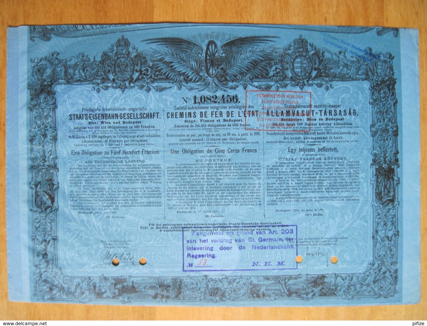 Obligation De 500 F Chemins De Fer De L'Etat Autriche-Hongrie 1885. - Chemin De Fer & Tramway