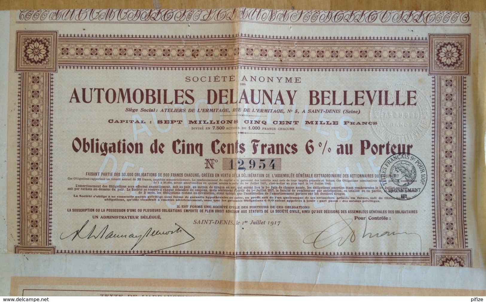 Automobiles Delaunay Belleville à St-Denis. Obligation De 500 F 1917 + Papiers Divers. - Automobile