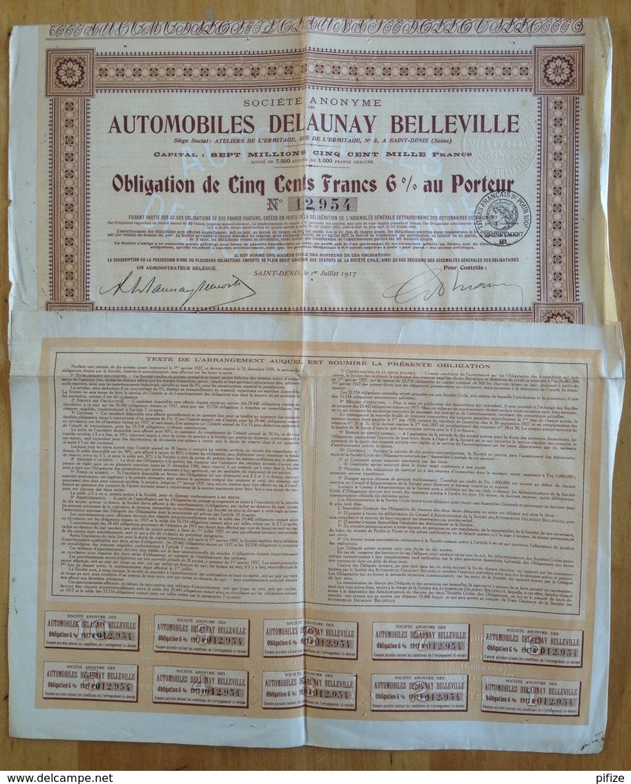 Automobiles Delaunay Belleville à St-Denis. Obligation De 500 F 1917 + Papiers Divers. - Automobile