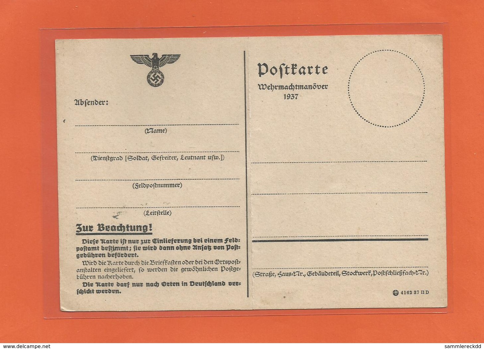 Ganzsache Postkarte Vom Wehrmachtsmanöver 1937 Unbeschrieben - Briefe U. Dokumente