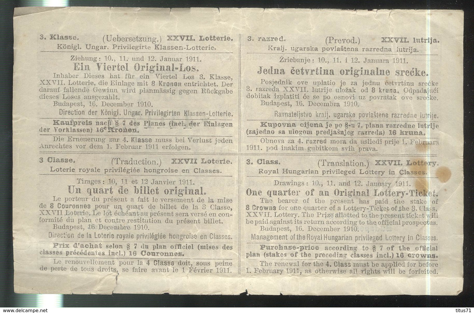 Billet Loterie Royale De Hongrie - 1/4 De Billet Tirage De Décembre 1910 - Billets De Loterie