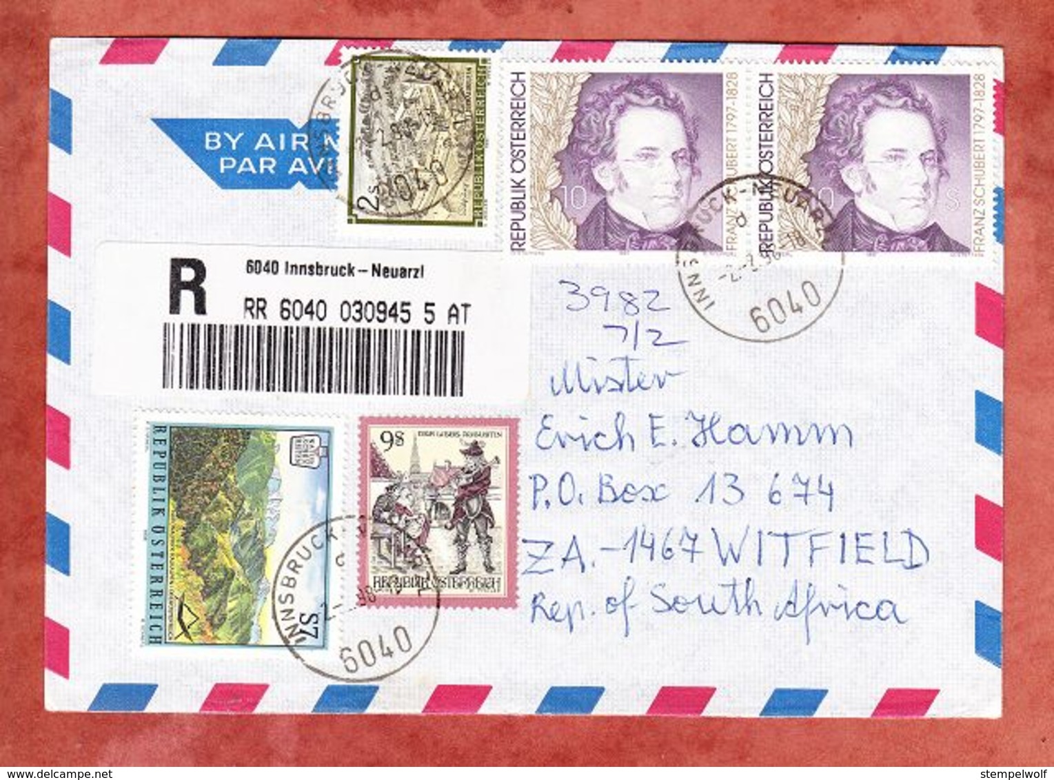 Luftpost, Einschreiben Reco, MiF Schubert U.a., Innsbruck-Neuarzl Nach Witfield 1998 (68310) - Storia Postale