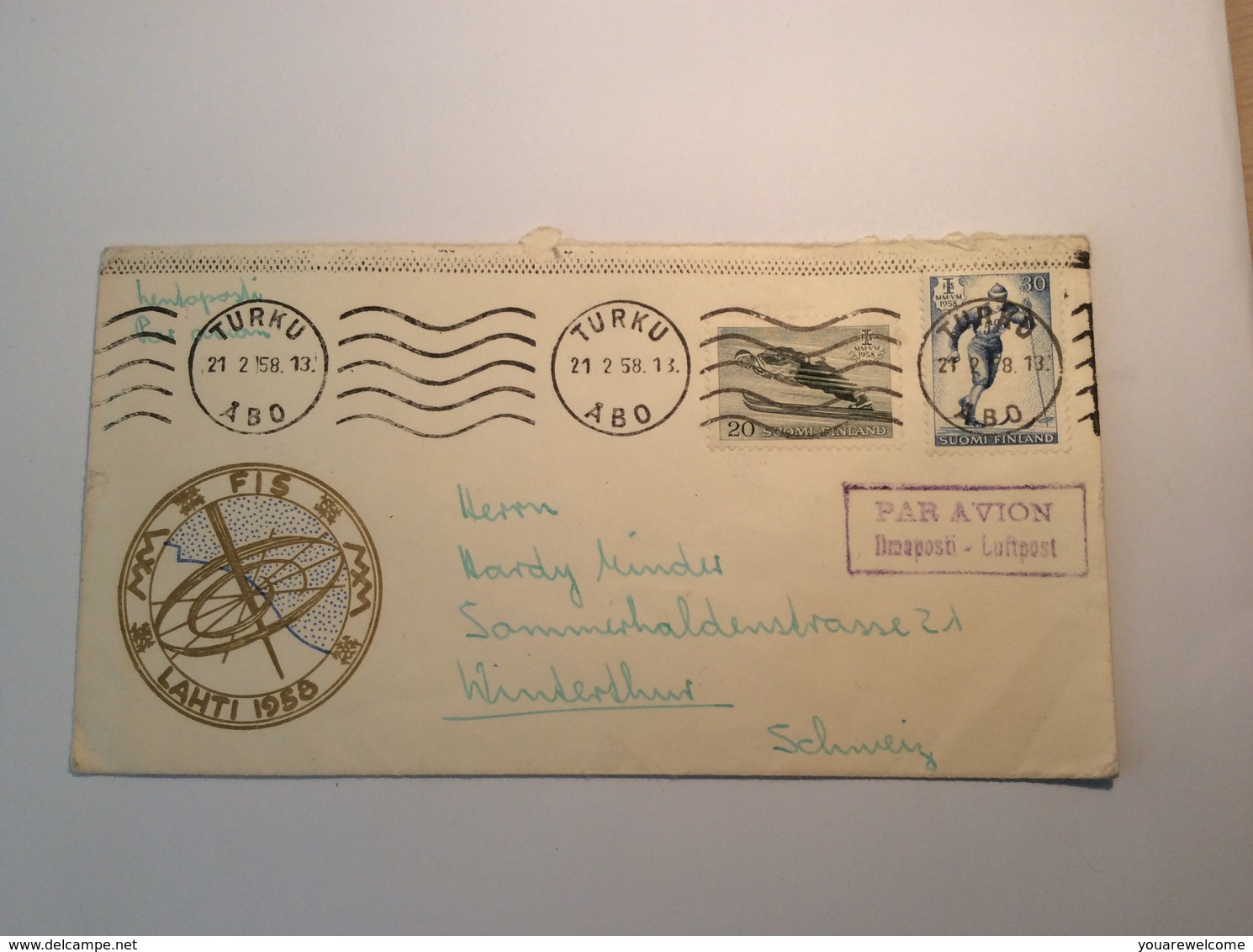 Finland 1958 FIS SKI WORLD CHAMPIONSHIP LAHTI 493-494 Cover TURKU>SCHWEIZ (Brief Sport Advertising Label Finlande Lettre - Covers & Documents