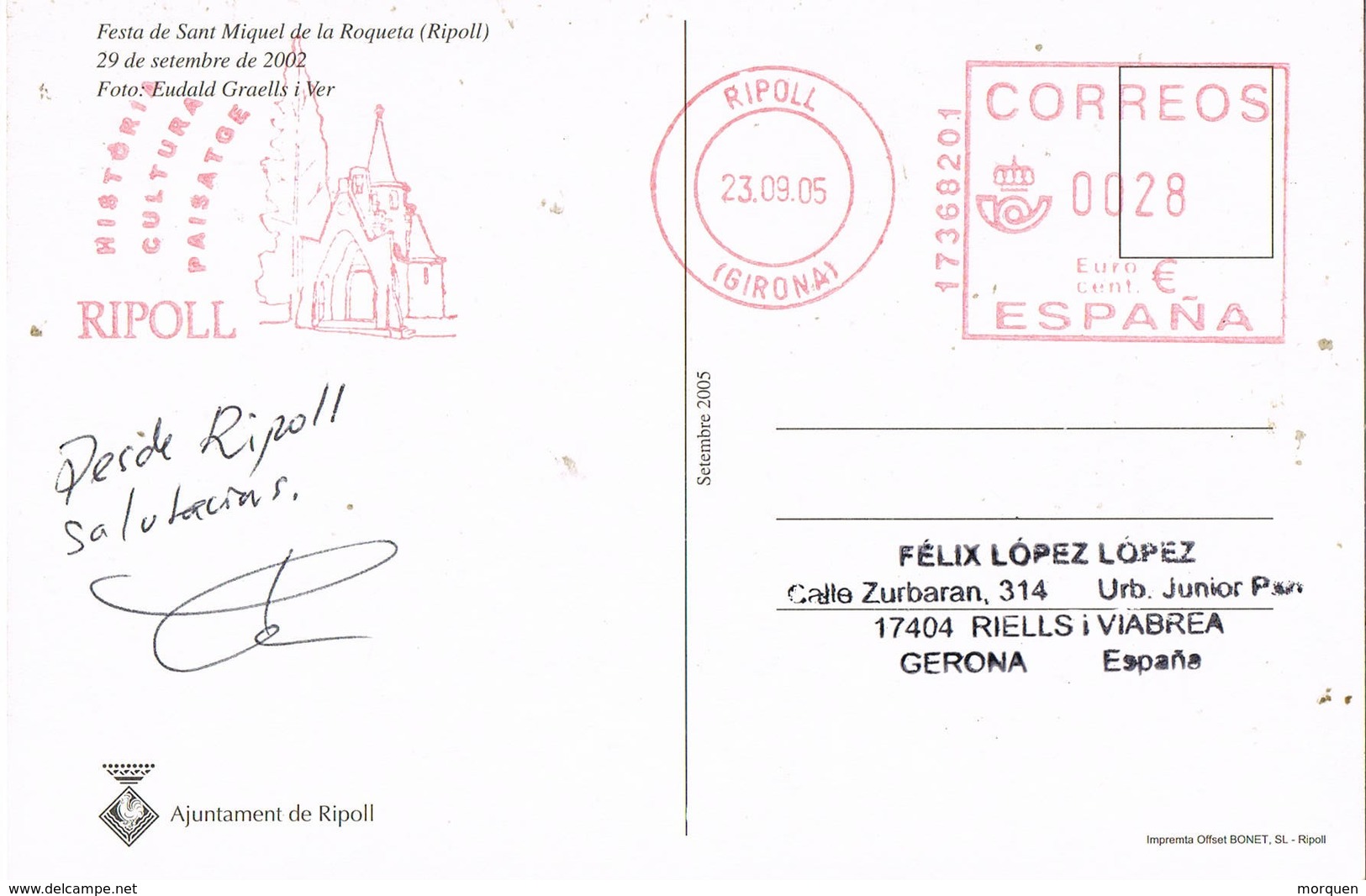 30980. Postal RIPOLL (Gerona) 2005. Franqueo Mecanico, San Miquel De La Roqueta - Cartas & Documentos