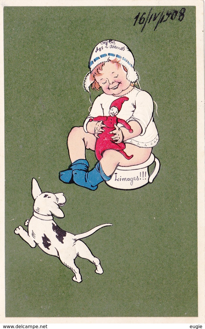 782/ Oude Getekende Kaart, Hond, Kind Op Potje Met Pop, Relief, 1908 - 1900-1949