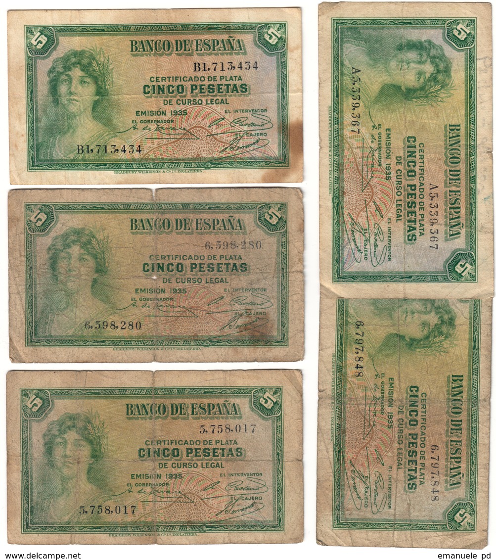 Spain Lot 5 Banknotes 5 Pesetas 1935 - 5 Pesetas