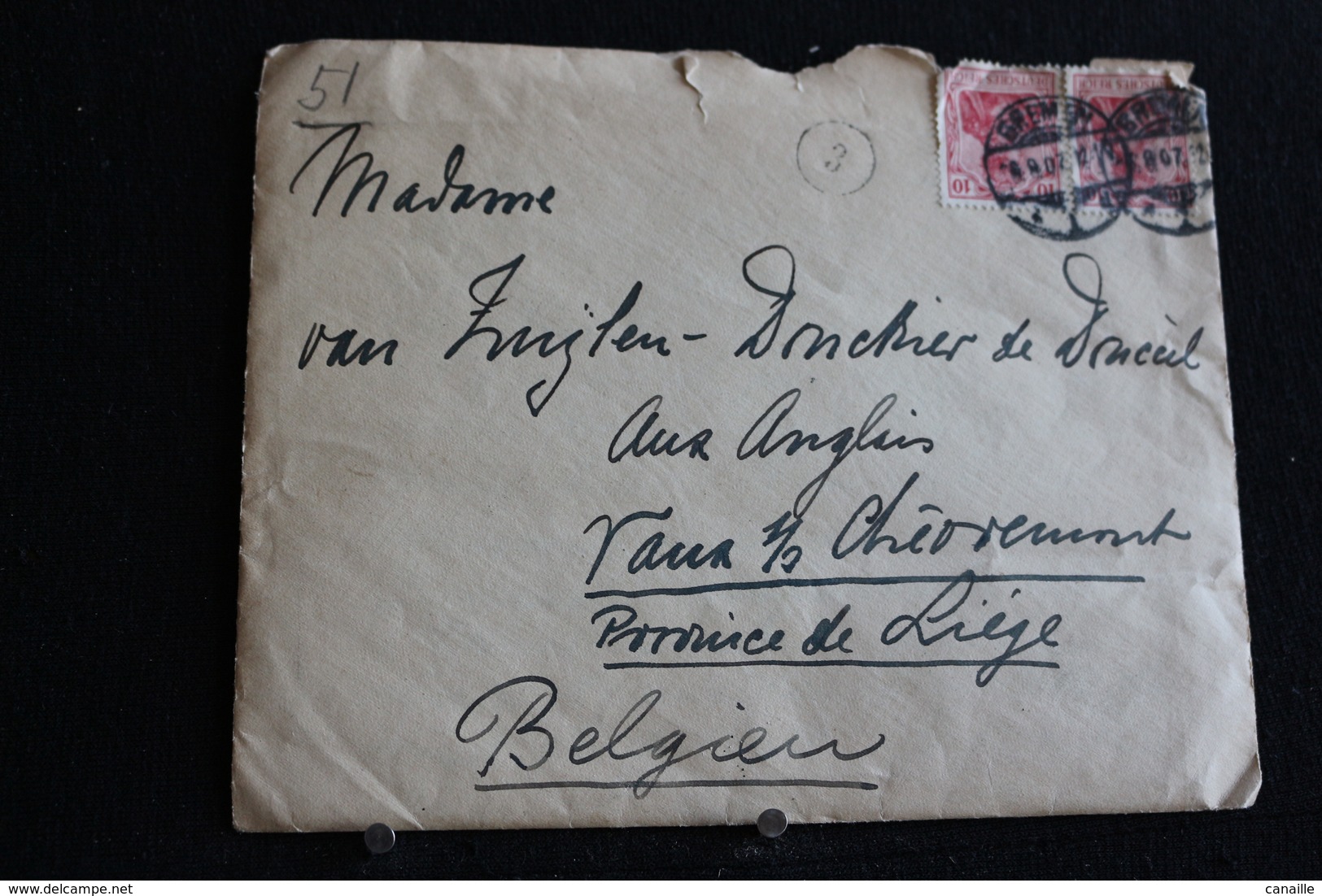 Tu-48 / Lettres - Lettre Envoie De Bremen (Allemagne) Ver Vaux Sous Chèvremont - Liège, 1907 - Belgique - Bureaux De Passage