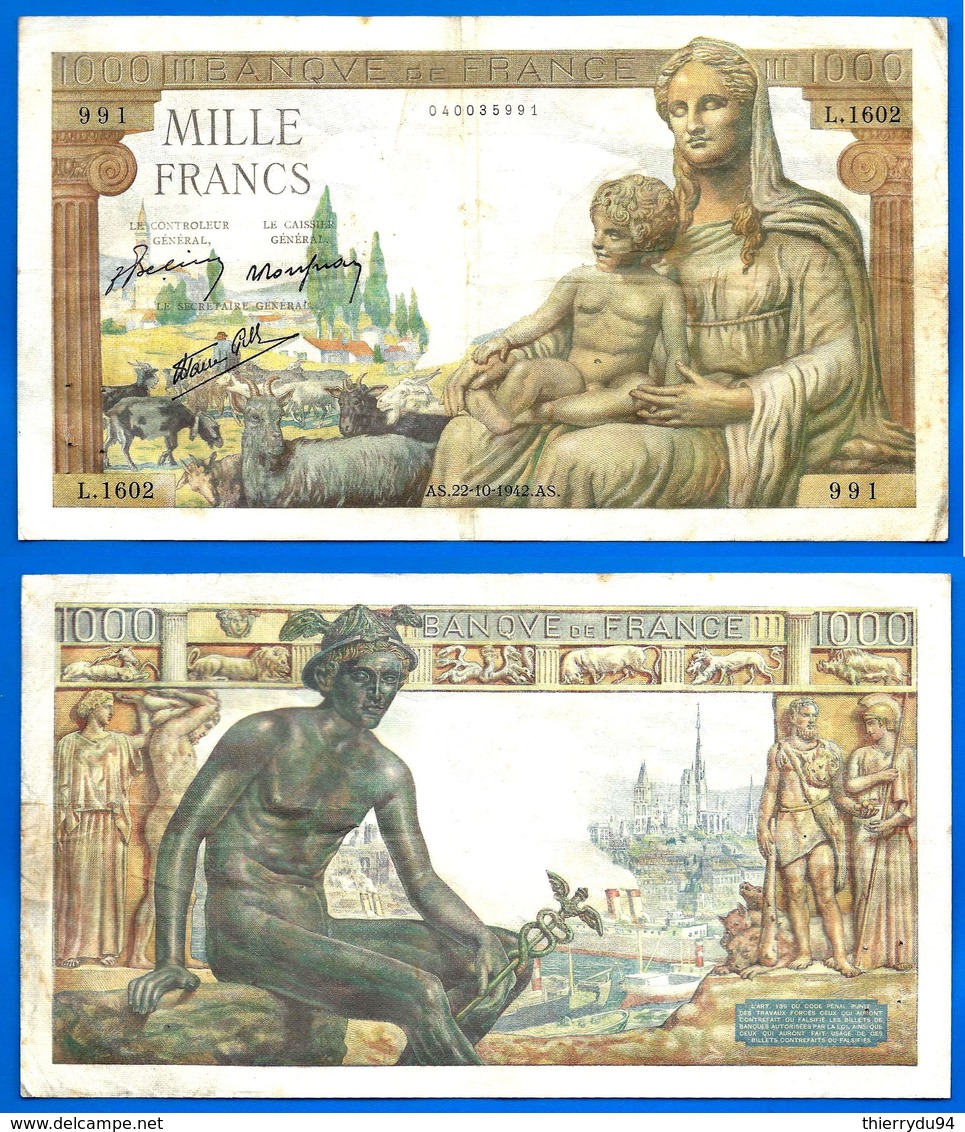 France 1000 Francs 1942 19 Novembre Demeter Prefix L Que Prix + Port Grand Billet Frcs Frc Paypal Skrill Bitcoin OK - 1 000 F 1927-1940 ''Cérès Et Mercure''