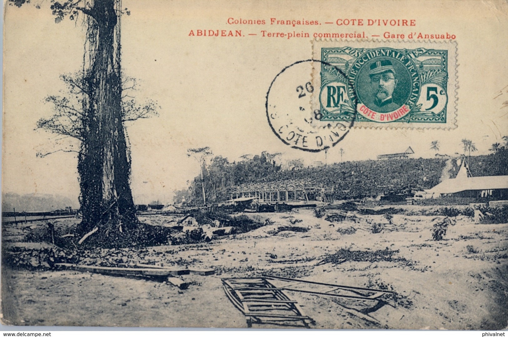 1908 , COTE D'IVOIRE - COSTA DE MARFIL , TARJETA POSTAL CIRCULADA , ABIDJAN - TERRE PLEIN COMMERCIAL , GARE D'ANSUABO - Cartas & Documentos