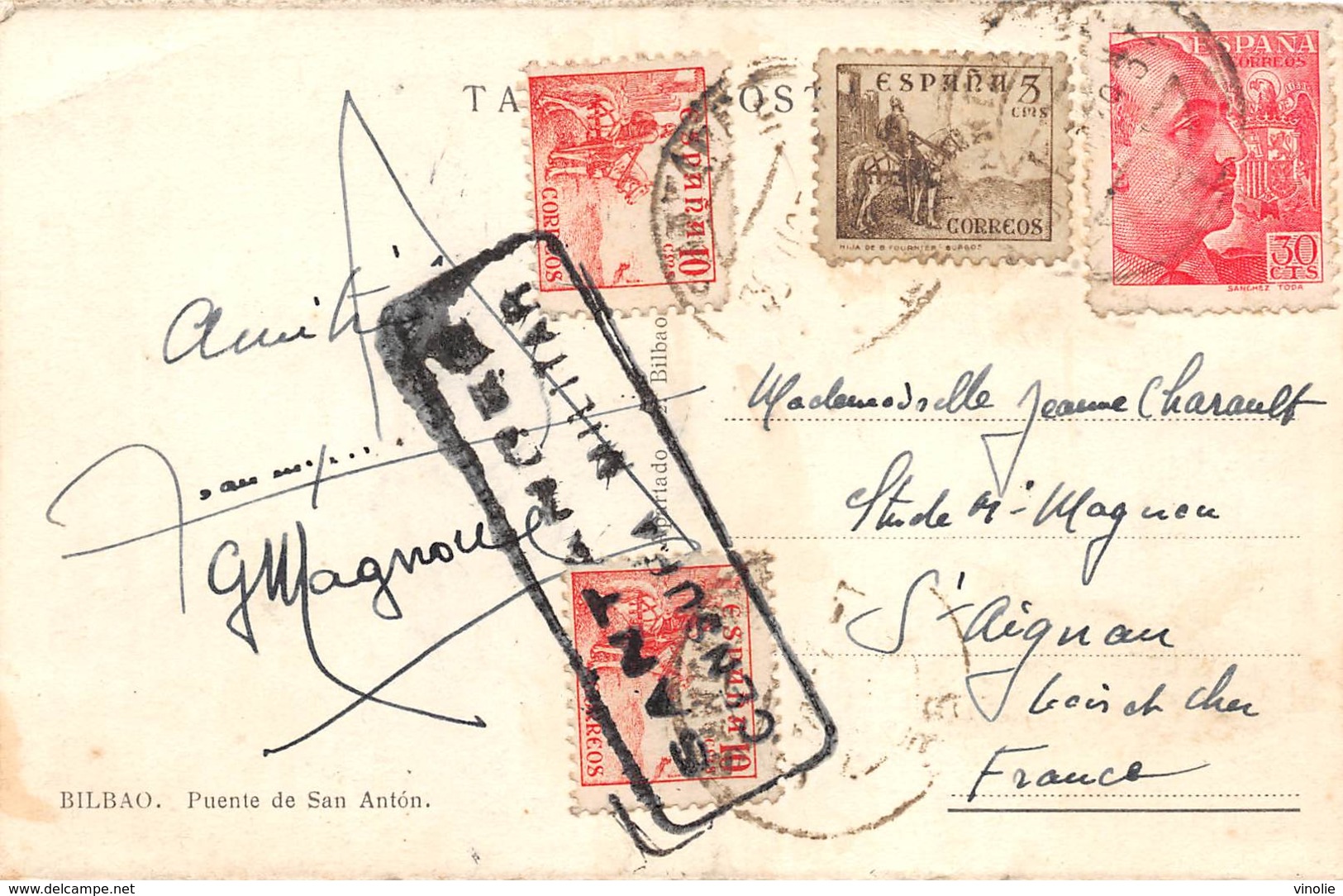 D-19-160 : CARTE POSTALE AVEC CACHET SANTANDER. CENSURA MILITAR. 1939 - Marcas De Censura Nacional