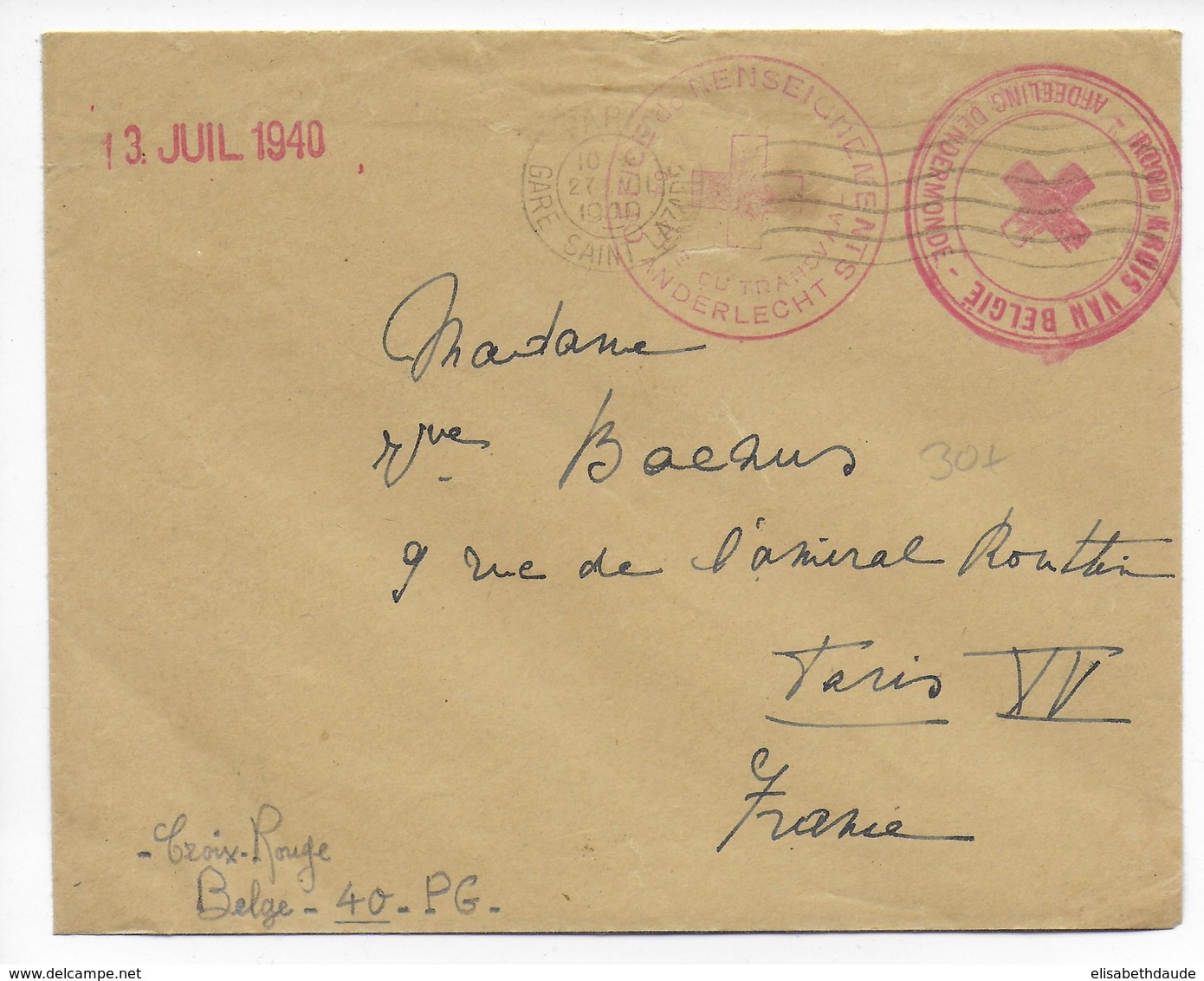 1940 - CROIX-ROUGE / RED CROSS De BELGIQUE - ENVELOPPE Du SERVICE De RENSEIGNEMENTS De ANDERLECHT => PARIS - Guerre 40-45 (Lettres & Documents)