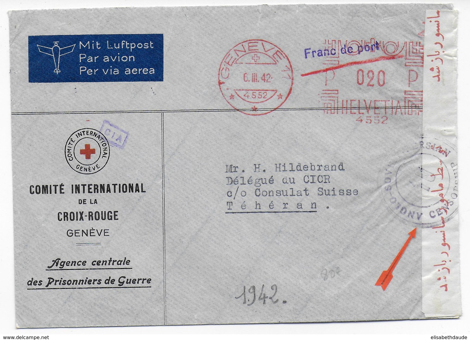 1942 - CROIX-ROUGE / RED CROSS - ENVELOPPE De GENEVE SERVICE PRISONNIERS DE GUERRE Avec CENSURE ALLIEE => TEHERAN (PERSE - Iran