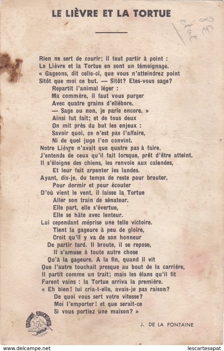 Le Lievre Et La Tortue- Illustrateur  Calvet Rogniat  Texte  J.DE LA FONTAINE Au Dos (lot Pat 32) - Sonstige & Ohne Zuordnung