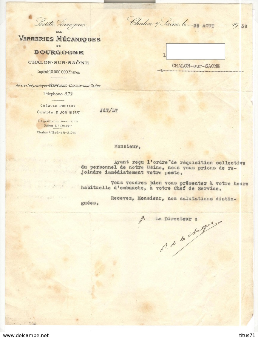 VMB Chalon Sur Saône 25 Août 1939 - Courrier Aux Salariés - Ordre De Réquisition Collective Du Personnel - Documents Historiques