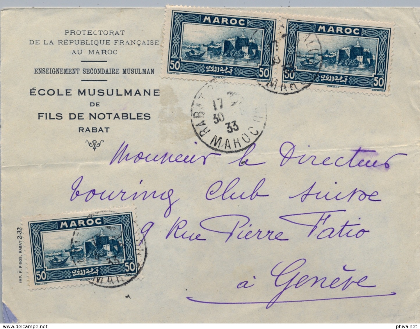 1933 , MARRUECOS FRANCÉS , SOBRE CIRCULADO ENTRE RABAT Y GINEBRA , ÉCOLE MUSULMANE DE FILS DE NOTABLES - Cartas & Documentos