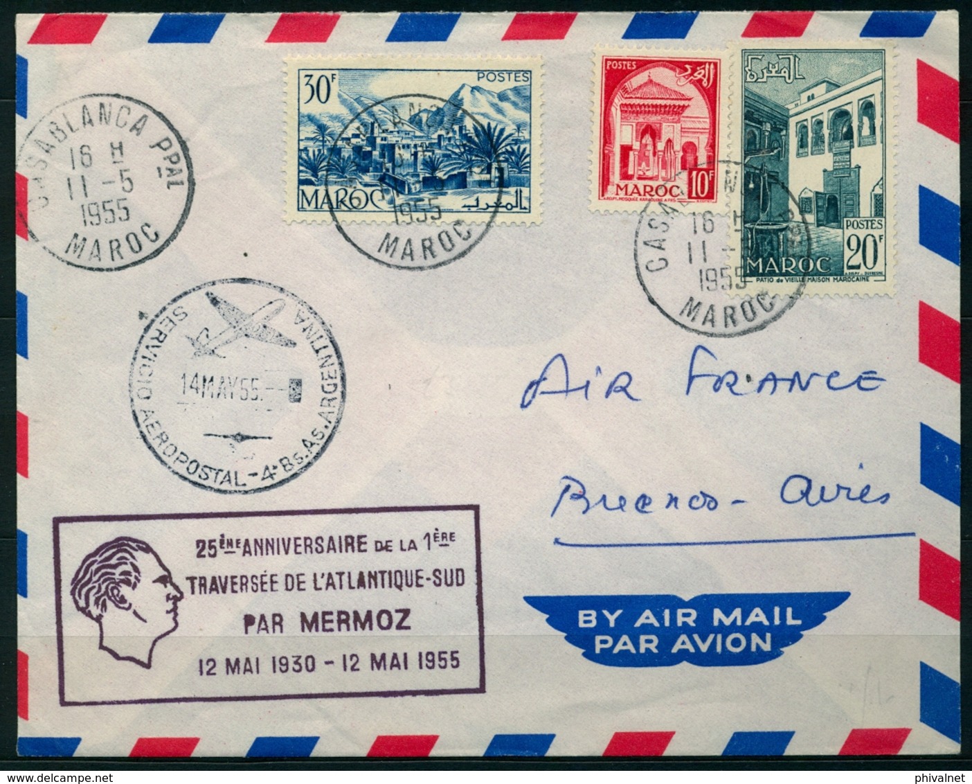 1955 , MARRUECOS FRANCÉS , SOBRE CIRCULADO ENTRE CASABLANCA Y BUENOS AIRES , 25 º ANIVERSARIO TRAVESIA AÉREA DE MERMOZ - Cartas & Documentos