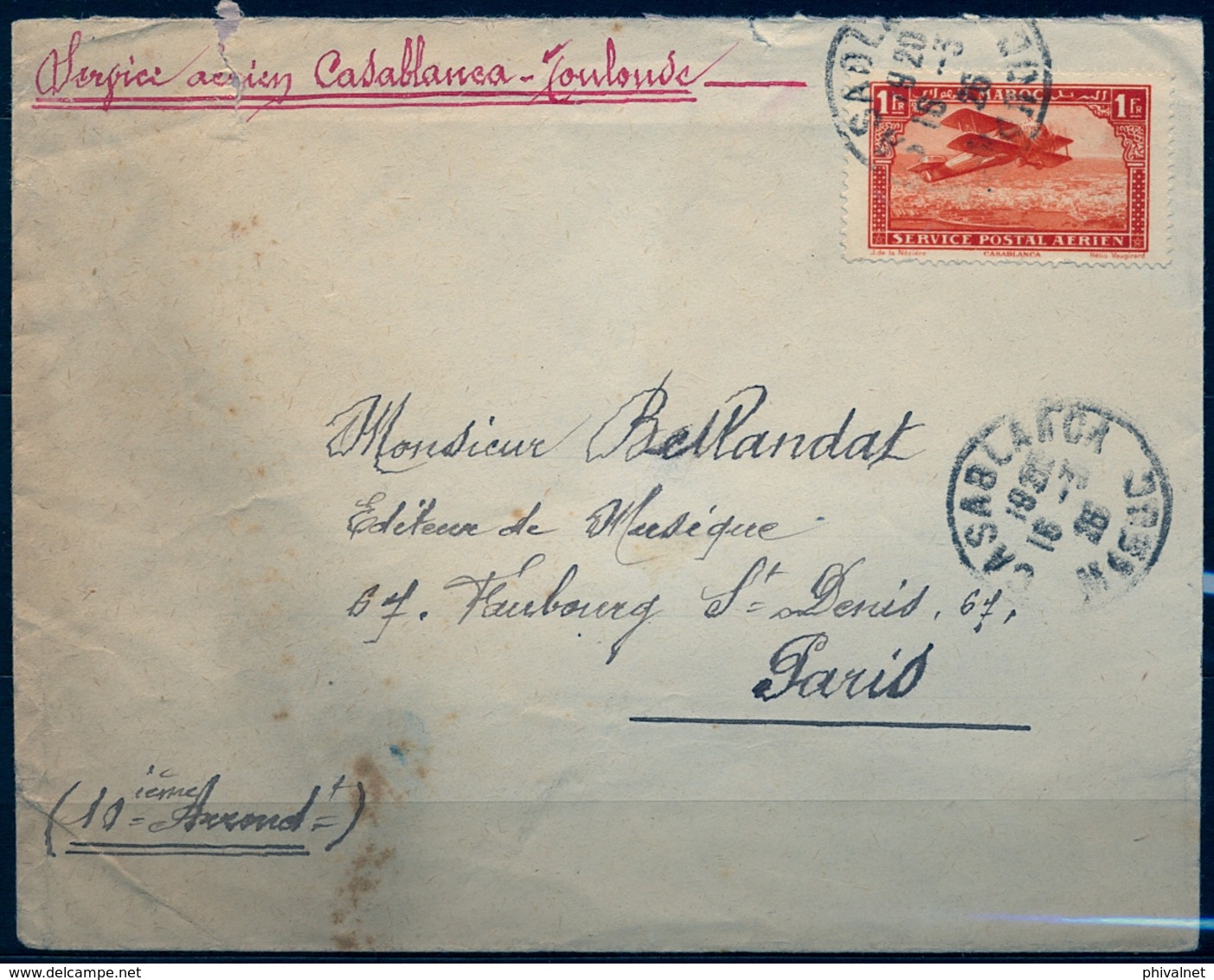 1926 , MARRUECOS FRANCÉS , SOBRE CIRCULADO ENTRE CASABLANCA Y PARIS , SERVICIO AÉREO CASABLANCA - TOULOUSE - Cartas & Documentos
