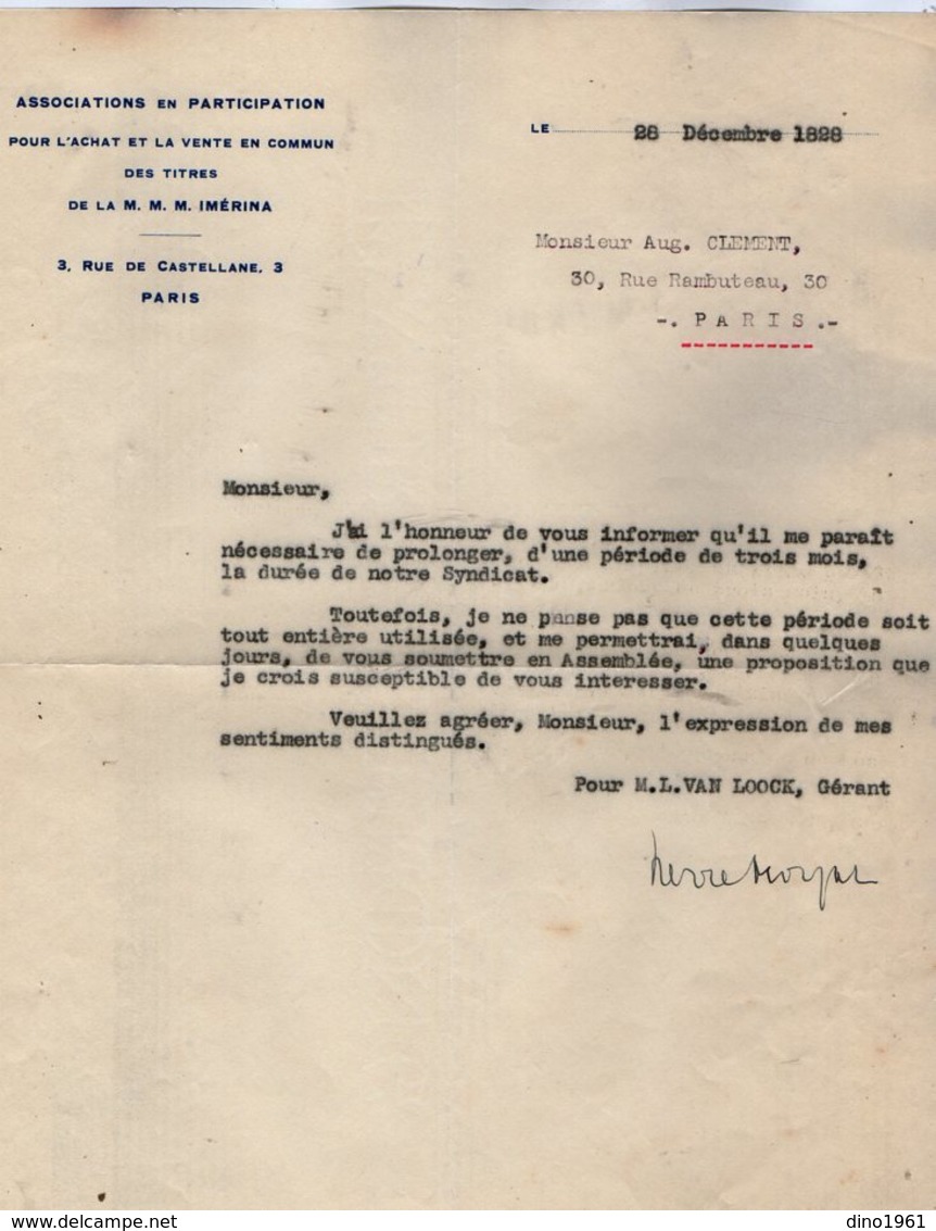 VP13.867 - Mines - PARIS - Lettre - Association En Participation Pour L'Achat & Vente Des Titres De La M.M.M. IMERINA - Bergbau